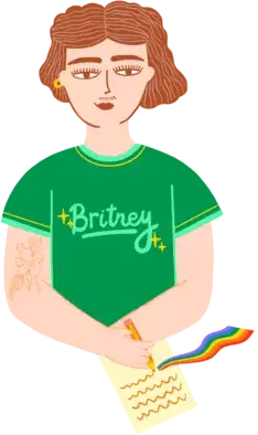 Ilustración de Emilia escribiendo, con una remera que dice Britney